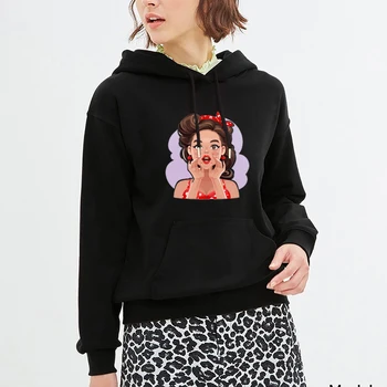 

Spring Autumn Women Plus Size Hoodies Cartoon Girl Print Hooded Sweatshirts Black Fleece Warm Tops Pocket Sport Casual Pullover
