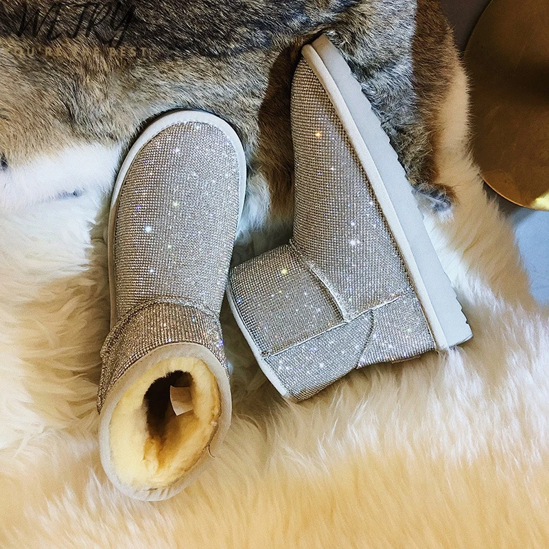 Сияющие кристаллы; женские теплые зимние ботинки на меху; ботильоны на плоской подошве со стразами ручной работы; зимняя обувь