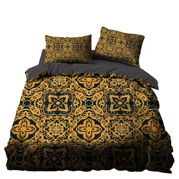 

Golden Indian Floral Luxury Bedroom Decor Bedspread Black Background Microfiber Hypoallergenic Zipper 1PC Duvet Cover Pillowcase