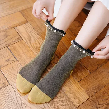 

Patchwork Color Pearl Decoration Hemming Thin Women Socks Shine Breathable Casual Socks For Female Original Hipster Sox