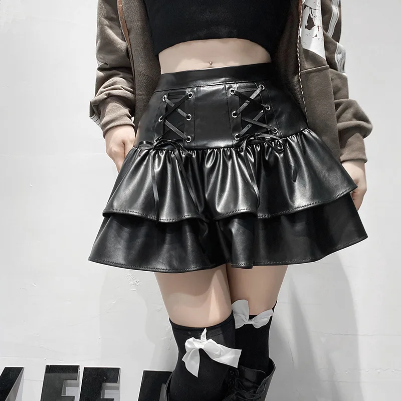 AltGoth Mall Goth Punk PU Skirt Women Dark Gothic Vintage Bandage High Waist Lolita Skirt Harajuku Streetwear Emo Alt Clubwear
