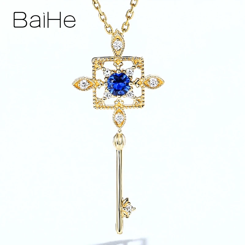 sapphire Yellow Gold BAIHE Твердое 14 к желтое золото 0.12ct Рубин/Сапфир 0.06ct натуральные бриллианты Свадебные модные ювелирные украшения красивый кулон для ключей - Цвет камня: sapphire Yellow Gold
