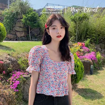 

Summer Women Blouses Small Floral Short Paragraph Retro French Floral Doll Shirt Short Sleeve Shirt