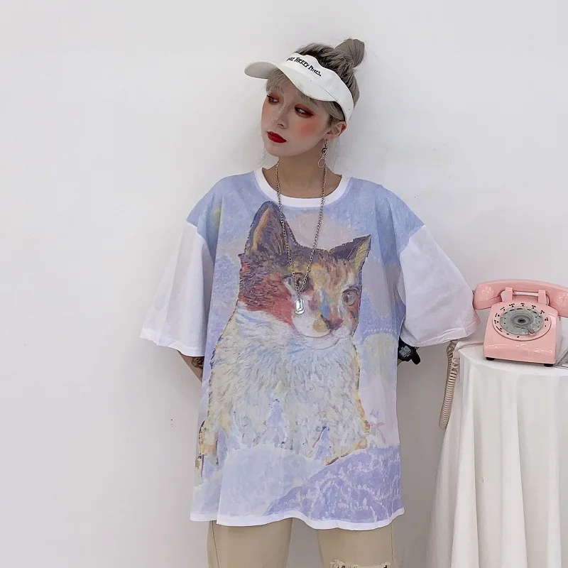 Ulzzang Harajuku футболка с короткими рукавами и рисунком кота летняя новая шикарная уличная хип-хоп свободная повседневная женская футболка с круглым вырезом