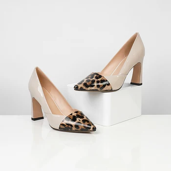 

INS hot women Pumps Genuine Leather 22-24.5cm Cowhide Patent leather Internet celebrity shoes woman Printed Leopard 8.5cm Heel