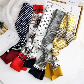 

2020 New Summer Fashion Houndstooth Plaid Printed Satin Neck Scarf Shawl Ladies Silk Bag Handle Scarfs Neckerchiefs for Women