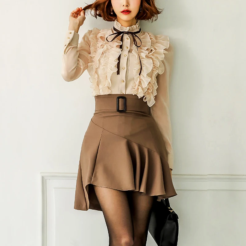 Комплект из двух предметов Женский шикарный топ с оборками и длинным рукавом