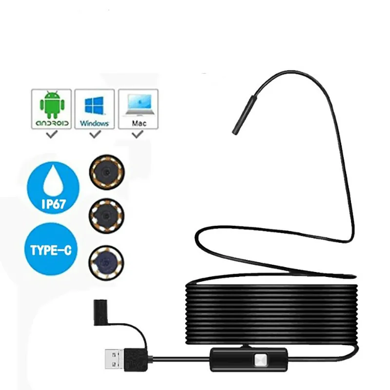 

3 in 1 Semi-rigid Borescope Inspection Camera 8mm 2.0MP CMOS HD Waterproof Snake Camera with 6 Adjustable Led for Android PC