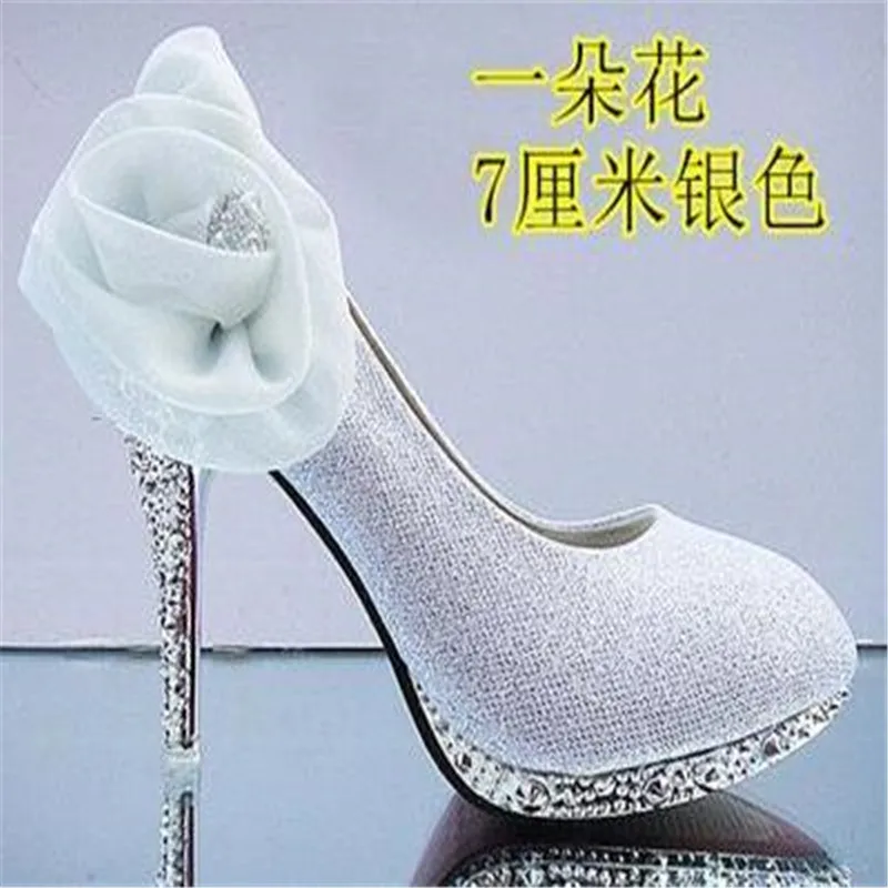 1 flower silver 7cm Г. Новая модная женская обувь Серебряная Свадебная обувь тонкие туфли на шпильке с круглым носком, украшенные кристаллами и цветами - Цвет: 1 flower silver 7cm