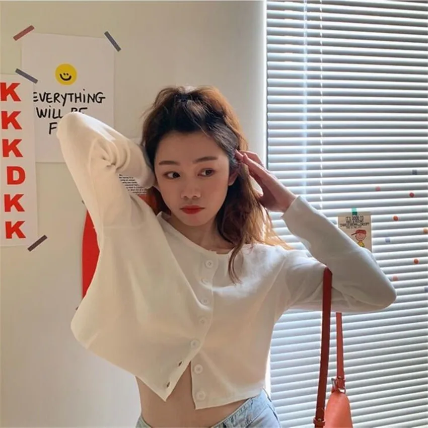 여성용 O넥 짧은 니트 스웨터, 얇은 가디건, 패션 슬리브, 자외선 차단 크롭탑, 한국 스타일
