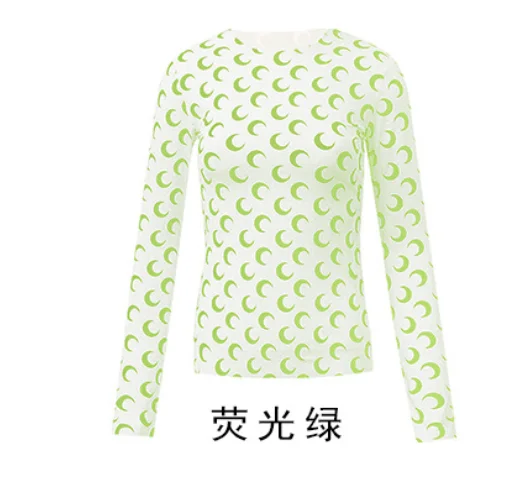 Ice Silk Crescent Moon Print Bodycon T-shirt Slim Top 2021 Summer Women's Round Neck Long Sleeve Tight T-shirt