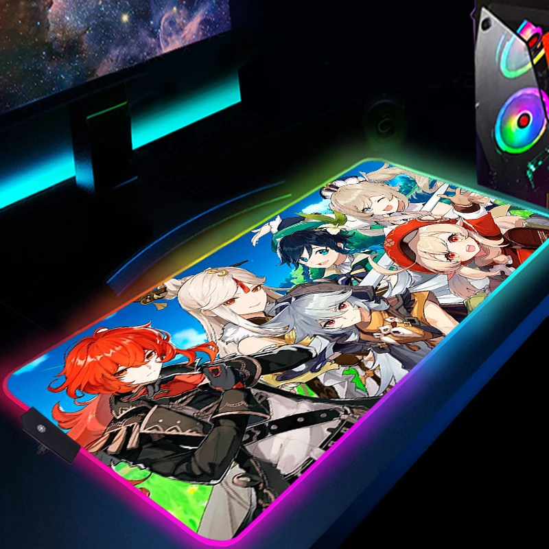 

Ударный коврик для мыши Genshin, эргономичный большой коврик для мыши RGB XL для ПК, настольного компьютера, ноутбука, клавиатуры, резиновый нескользящий геймерский коврик для мыши CS GO