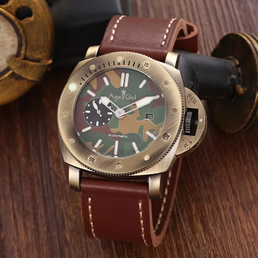 Coffee Leather Bronz Роскошные брендовые Новые Мужские автоматические механические сапфировые бронзовые темно-синие зеленые коричневые кожаные 3 дня светящиеся 47 мм серебряные часы AAA - Цвет: Coffee Leather Bronz