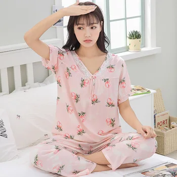 

Women Pajama Set With Lace Cute Sleepwear Suit Floral Print V Neck T-Shirt Pants Lose Soft Homewear Two Pieces Set Plus Size