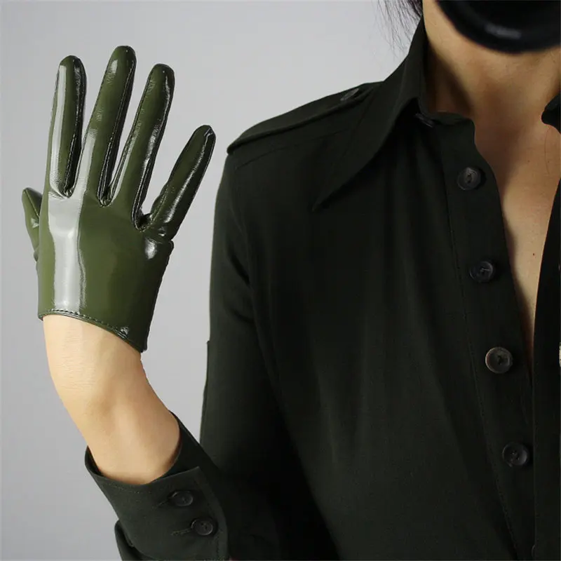 patent leather green 16 см лакированные кожаные короткие перчатки яркие белые черные красные из имитации кожи замшевые зеркальные Яркие Кожаные женские перчатки PU117 - Цвет: patent leather green