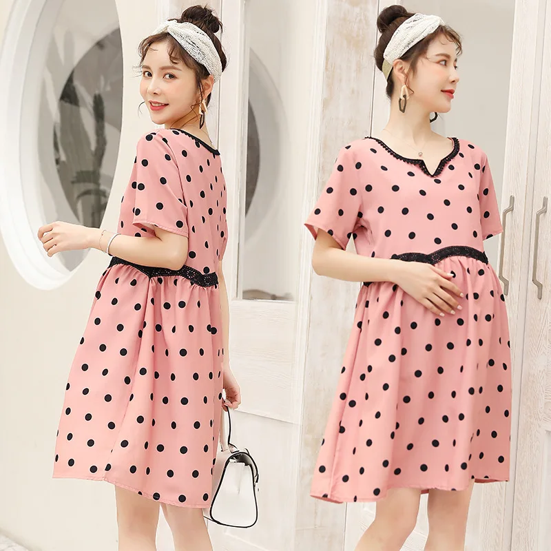 

Maternity Clothes 2019 Summer Wear New Style Fashion Fashion Mom Mid-length Pregnancy Tops Polka Dot Dress