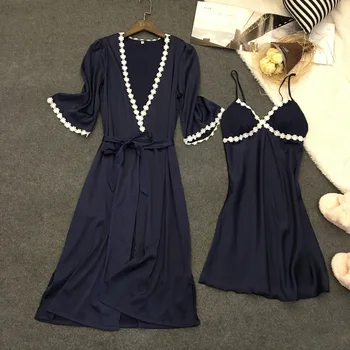 

Sexy Robe & Gown Sets For Women Faux Silk Sleeveless V Neck Lace Sleepwear Dress With Pad Female Sexy Nightwear Lingerie