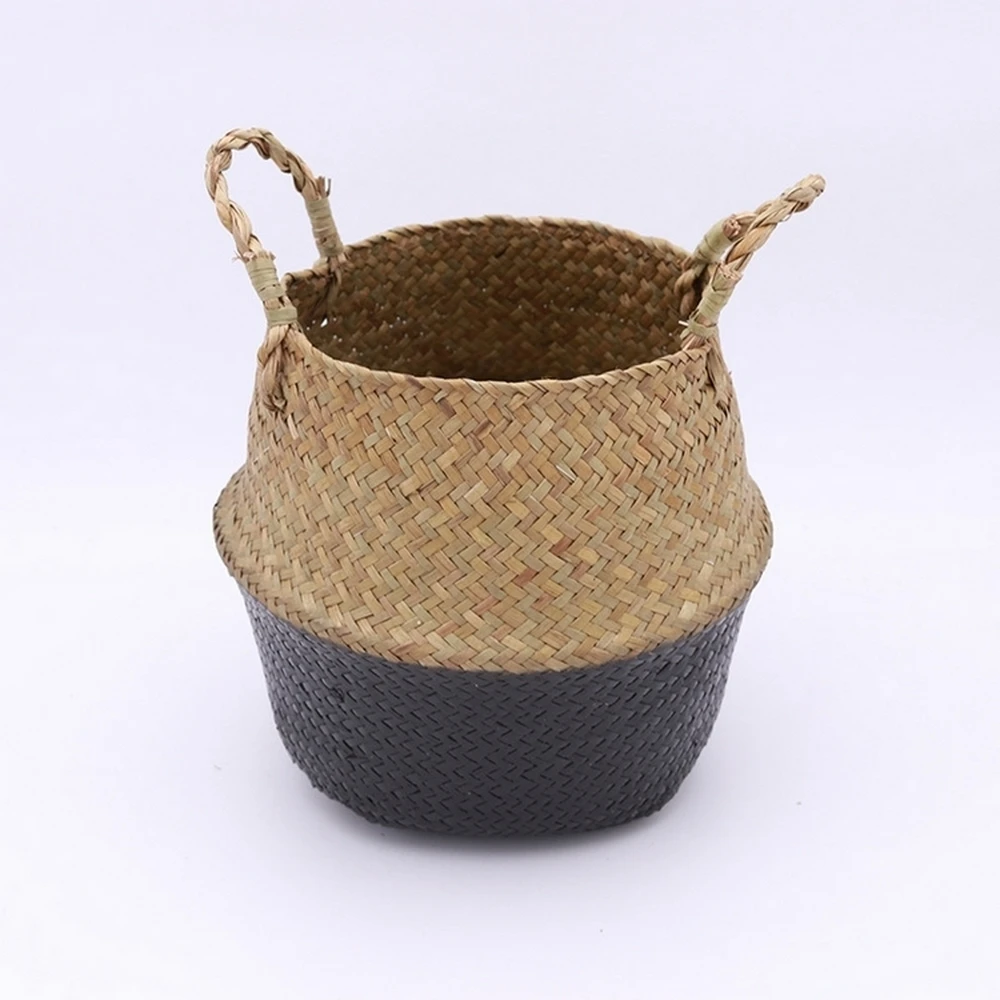 B Handmade Storage Baskets Bamboo Foldable Laundry Straw Patchwork Wicker Rattan Seagrass Belly Garden Flower Pot Planter Basket - Цвет: B