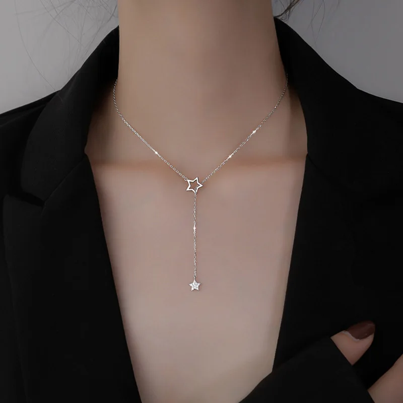 Hot Sale Exquisite 925 Sterling Silver Five-Pointed Star Necklace Shiny Zircon Star Pendant Clavicle Chain For Girl NK060 - Image 3