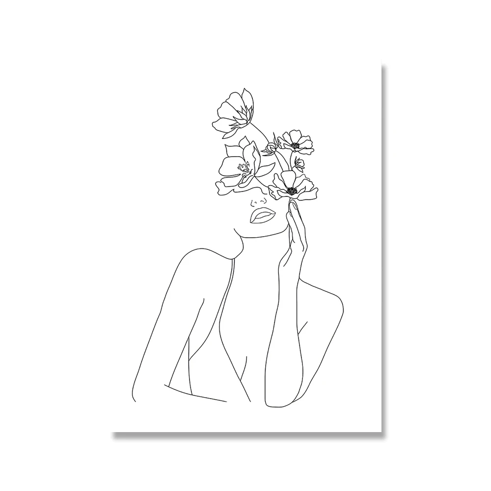 Wall-Art-Line-Drawing-Girl-Print-Minimalist-Simple-Fashion-Poster-Women-Flower-Leaf-Hand-Body-Sketch