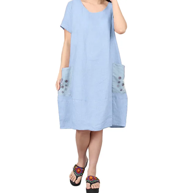 large size Women's Dresses Fashion Pocket O-neck dress Summer loose short-sleeved Dresses