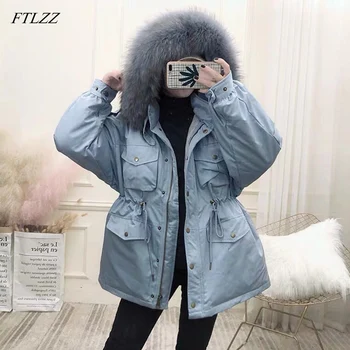 

FTLZZ White Duck Down Coat Women Winter Jackets Large Natural Raccoon Fur Hooded Parkas Female Sash Tie Up Warm Snow Outwear