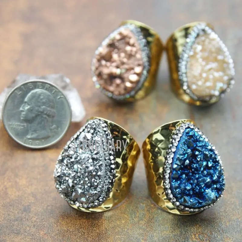 

RM15365 натуральный драгоценный кристалл в форме слезы, регулируемые кольца золотого цвета с прозрачными бриллиантами, украшения в стиле бохо