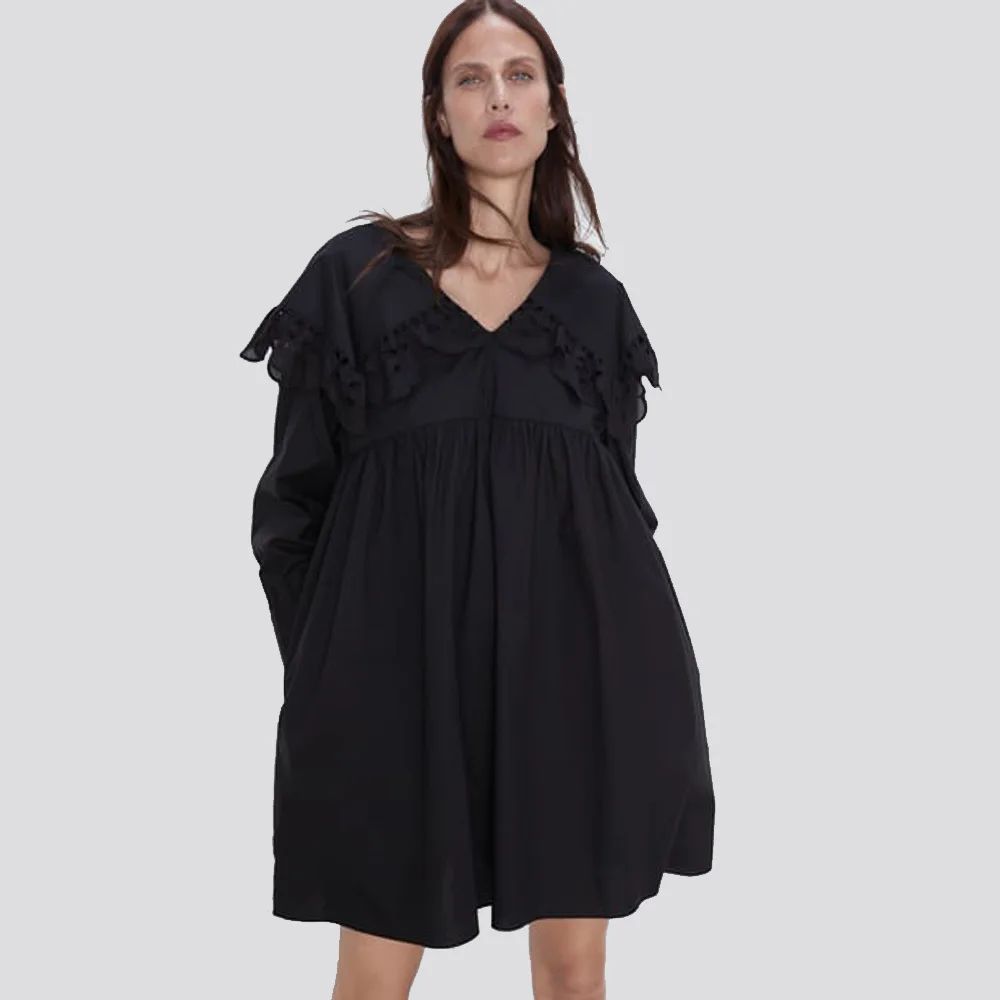 

ZA 2019 Autumn New Black Openwork Dress Fashion Europe America Women Clothes Casual Loose Lotus Leaf Collar Dress Party Vacation