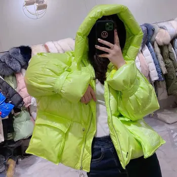 

2020 Winter White Duck Down Parka Women’s Glossy Hooded Thick Warm Loose Candy Colors Loose Short Jacket Female Casual Down Coat