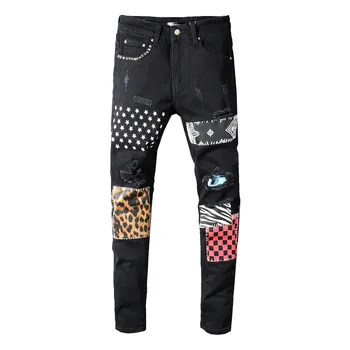 

Punk Designer Mens Ripped Pencil Jeans Men Slim Fit Moto Biker Black Denim Pants Leopard Star Patch Destroyed Rivet Jean Hombre
