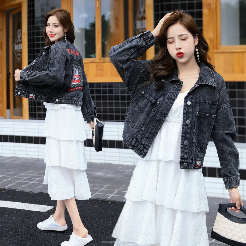 

Black And White with Pattern Jeans Coat Women's 2019 New Style Korean-style Loose-Fit BF Style Retro Hong Kong Style Spring And