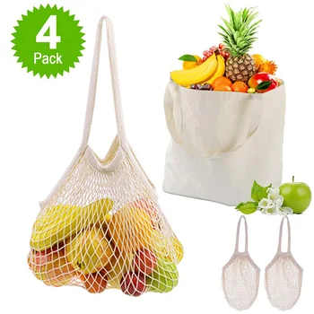 3 Pack Reusable Produce Mesh Bags Cotton Washable Heavy-Duty Grocery Tote Bags Mesh Bag For Grocery Shopping Foods Vegetable