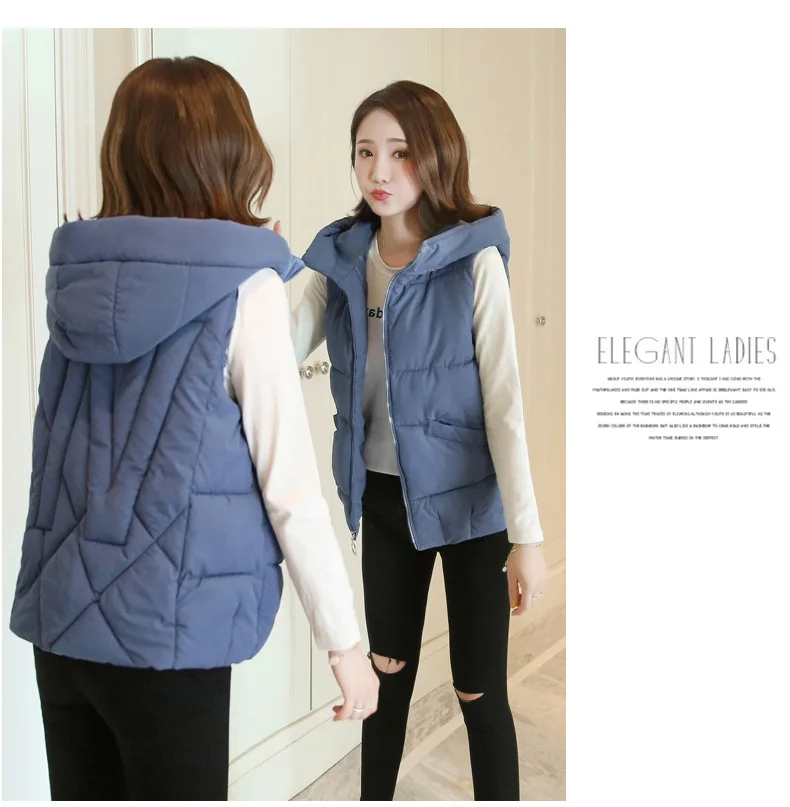 Lugentolo Women's Vest Vest Short Cotton Clothing Autumn and Winter Loose Solid Color Zipper Hooded Vest Cotton Clothing