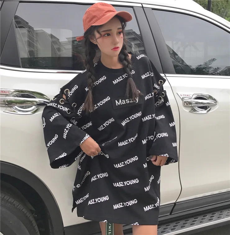 Для фотосессии Harajuku Labuhan Angin Kong-style с принтом букв бандажная ткань с большими рукавами Женская толстовка средней длины