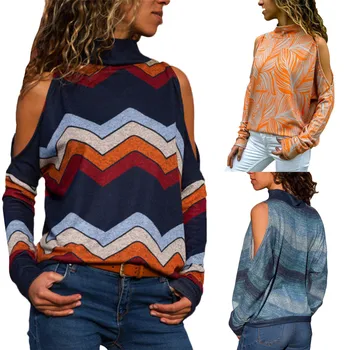 

Women's High Collar Blouse New Geometric Floral Print Strapless Long Sleeve Pullover Winter Spring Fashion Casual Shirt Tops YL5