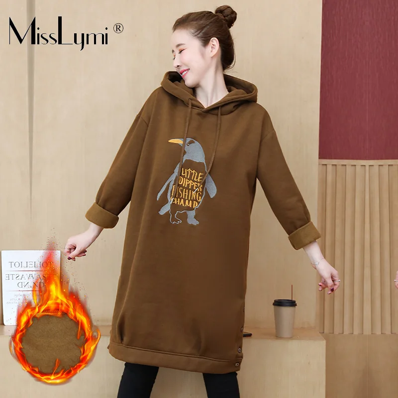 XL-5XL размера плюс женские толстовки платье зима милый мультфильм вышивка длинный рукав утолщение и флис теплые толстовки
