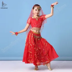 Indian Children Belly Dance Costumes Set Bollywood Dance Kids Dresses Chiffon Coin Performance Top Belt Skirt 6 Colour