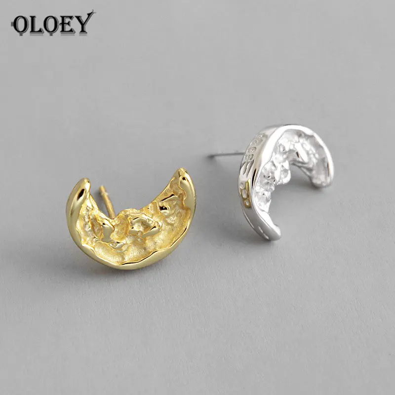 

OLOEY Solid 925 Sterling Silver Stud Earrings for Women Irregular Concave Surface Moon Earring Brinco Fine Party Jewelry YME541