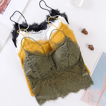

female Fashion Wireless Bra Padded Bralette Deep V Lace Bras Summer Crop Top Embroidery Floral Tank Top new