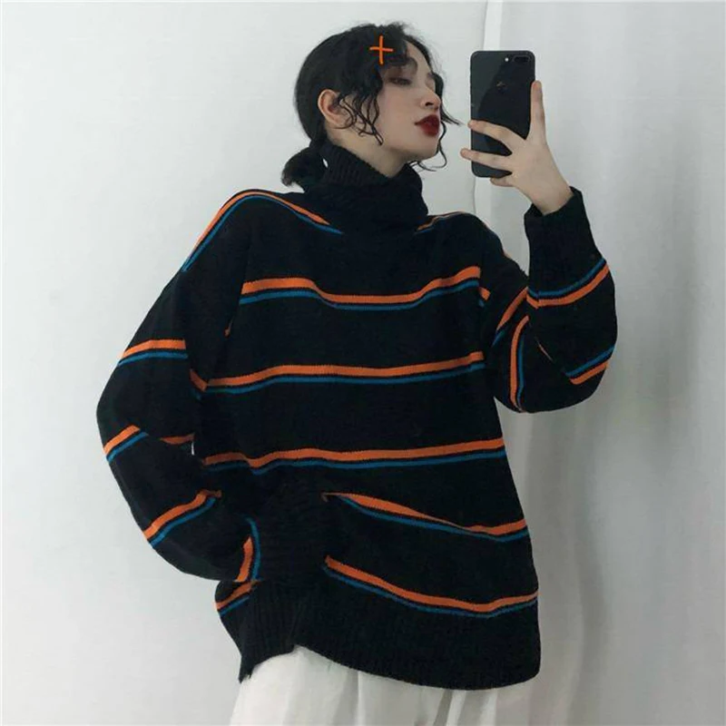 Harajuku вязаный свитер с высоким воротником, женские топы, Ulzzang, хип-хоп, корейский Повседневный Свободный теплый Полосатый пуловер, женский свитер