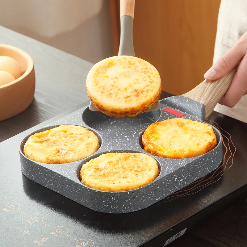 

4 Holes Egg Frying Pan Home Hamburger Nonstick Pot High Quality Wood Grain handle Cooking Saucepan Cookware Kitchen Tools