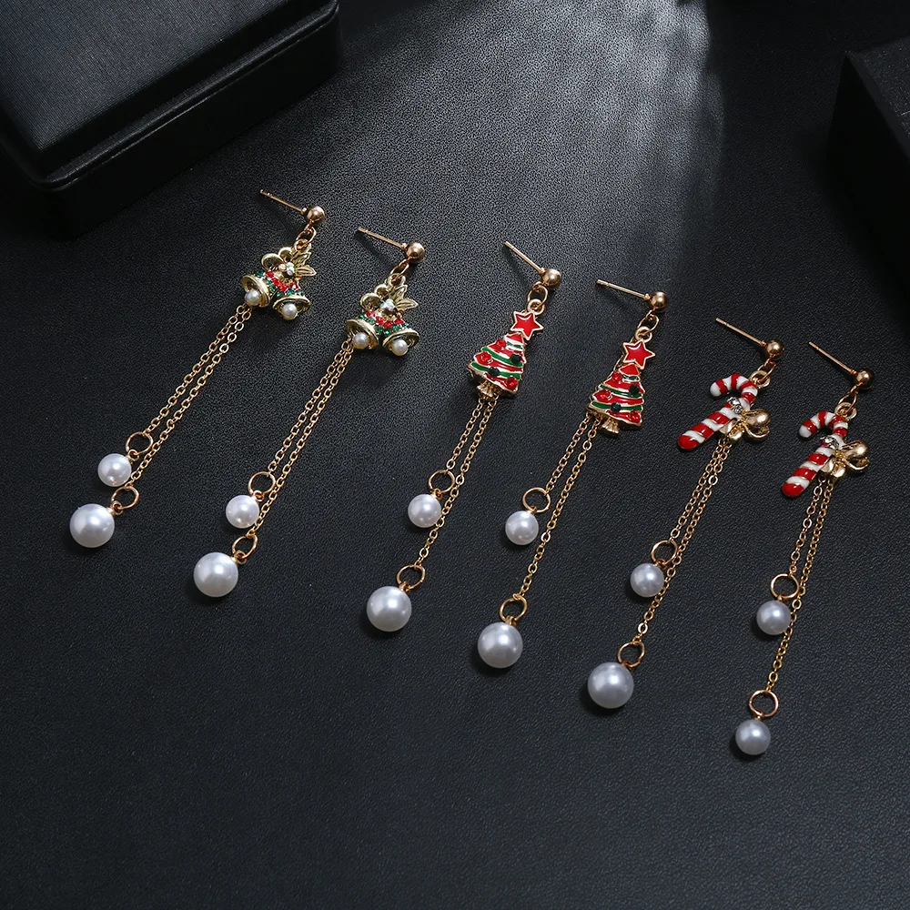 

Christmas Tree Stars Bells Simulated Pearl Piercing Drop Earrings for Women Cute Xmas Long Pendant Ear Cuff Earrings Accessories