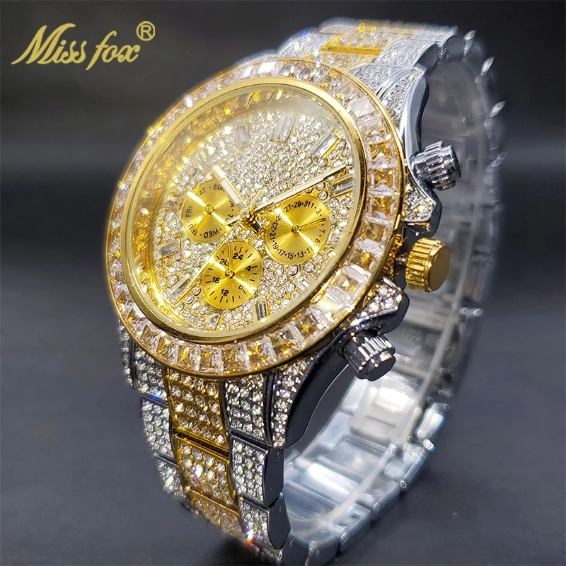 MISSFOX hommes montres de luxe grand boîtier avec Baguette plein diamant Quartz montre-bracelet chronographe calendrier montre_voghion.com