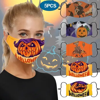

5PCs Unisex Adjustable Windproof Reusable Halloween Printed Face Mask Mouth Caps Cloth Mouth Mask Washable masques