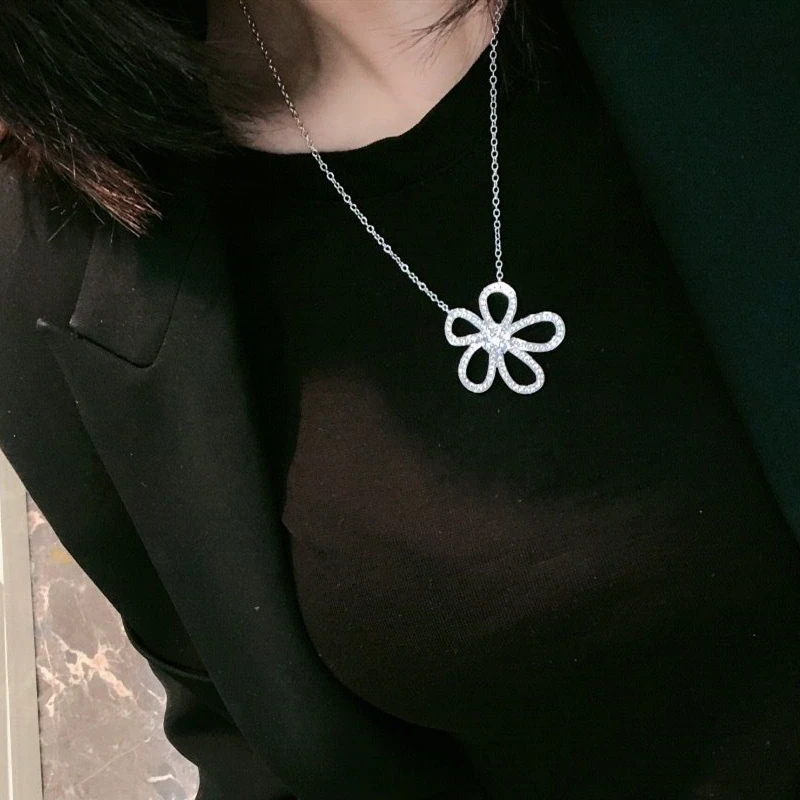 

Luxury Diamond Big Flower Real 925 Sterling Silver Short Chain Choker Necklace Women S925 Genuine Pure Silver White Gold Plated