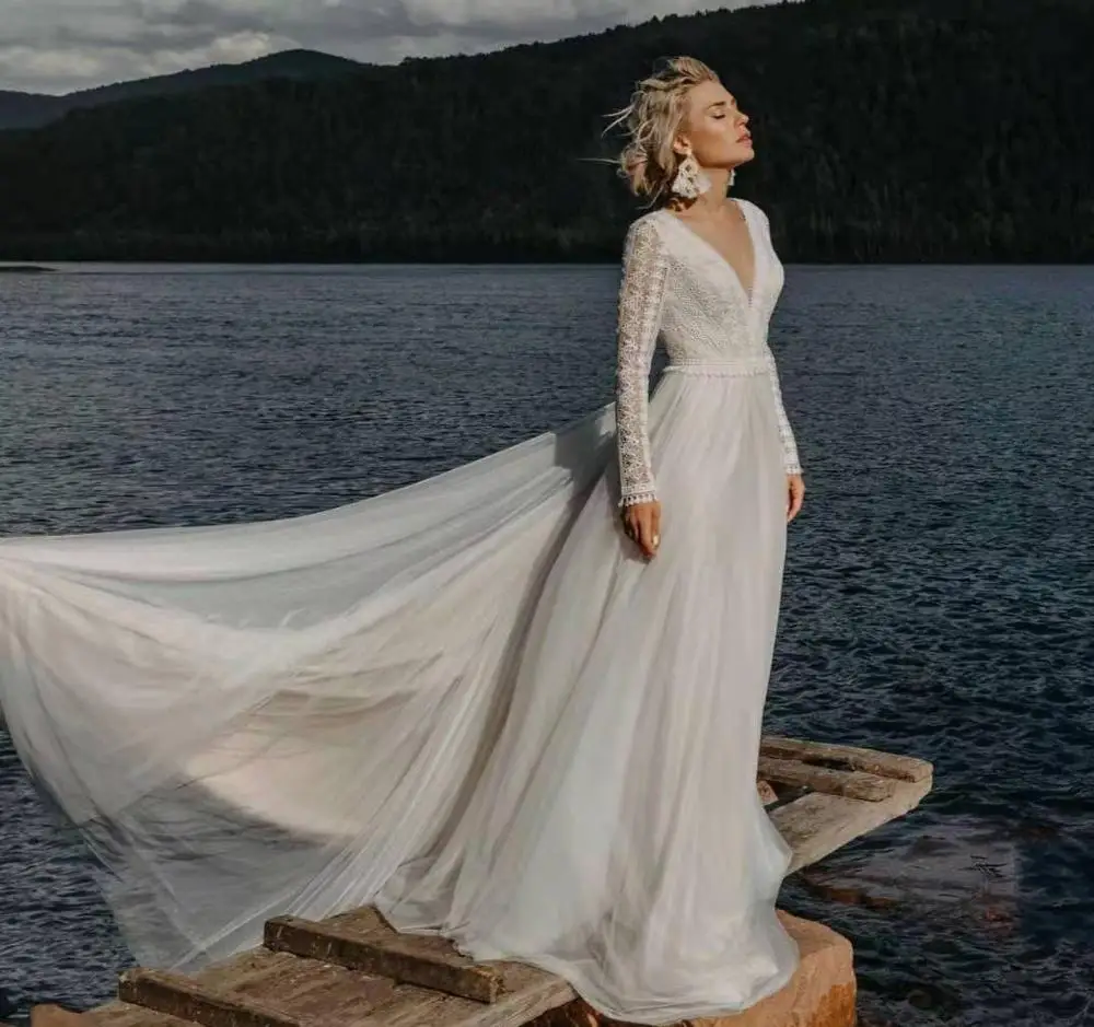 Vestido De Noiva богемный с длинными рукавами свадебное платье Кружева V шеи пляж сексуальный тюлевый с открытой спиной Элегантные Свадебные платья