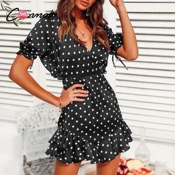 

Conmoto backless sexy ruffles vintage polka dot dresses women retro robe ruffles mini dress beach summer 2020 puff dress vestido