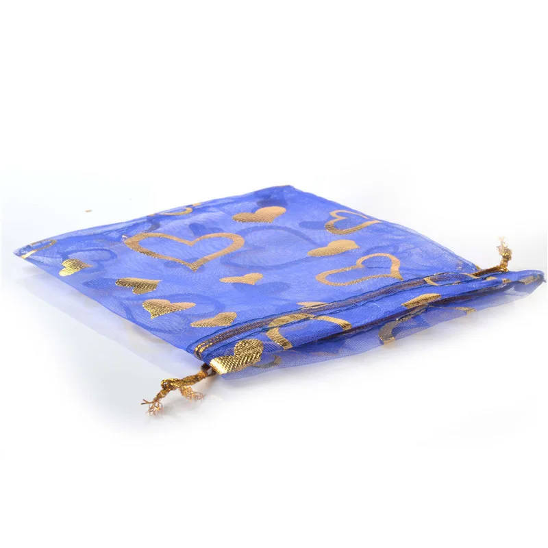 100 Pcs/lot 15x20, 17x23, 20x30cm Multicolours Golden Love Heart Drawstring Organza Bag Christmas Packaging Pouch Nice Gift Bags