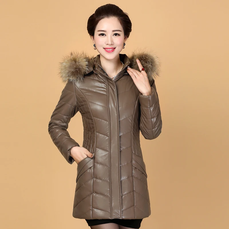 

Women Winter Pu Leather Jackets Warm Parkas New Ladies Raccoon Fur Collar Cotton-padded Long Hooded Coat Female Outerwear 8XL
