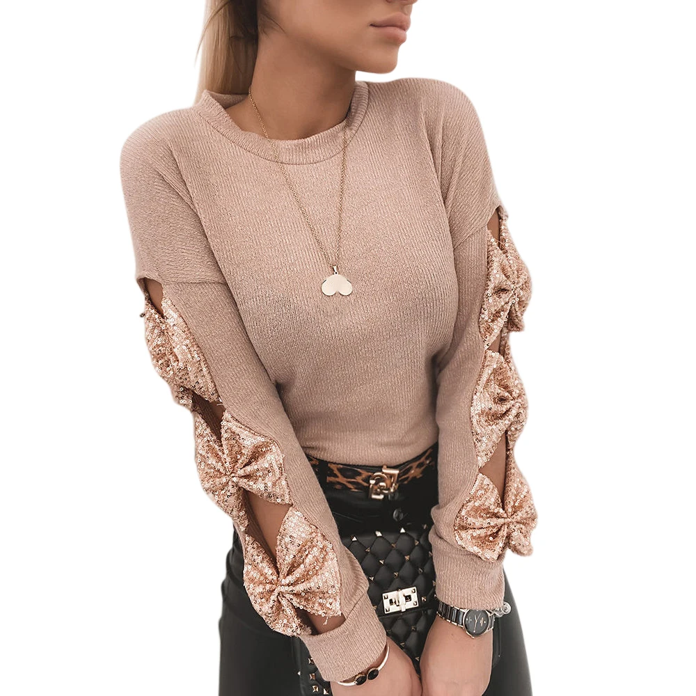Sale Sequin Pullovers Woman Sweaters Sexy Jumper pull femme Bow Pullover Elegant Winter Clothes Hollow Out Knitted Slim Tops D30 2